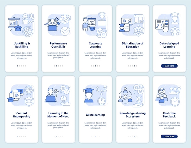 In demand competencies light blue onboarding mobile app screen set