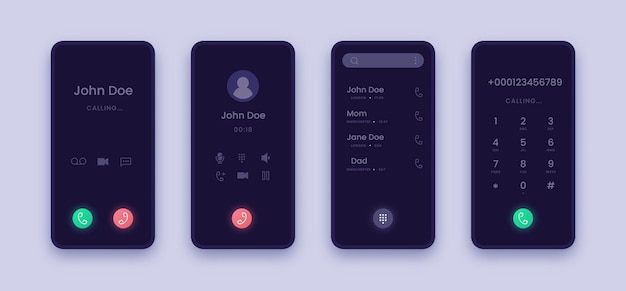 Incoming call screen. Smartphone application UI with contact interface, dial answer and decline buttons. Dark display for advertising gadgets, webposts and banners. Vector realistic mobile mockup