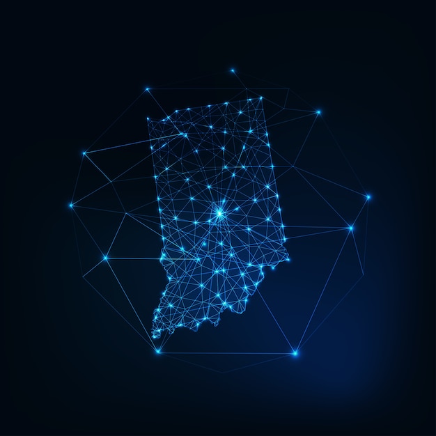 Indianan osavaltion USA:n kartta, joka on tehty tähdistä, viivoista, pisteistä, kolmioista, matalista polygonaalisista muodoista.