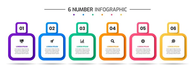 Infografinen elementtisuunnittelumallit kuvakkeilla ja 6 numerolla, jotka sopivat prosessikaavioon