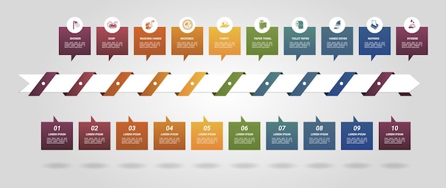 Infographic Hygiene template Icons in different colors Include Shower Soap Washing Hands Microbes and others