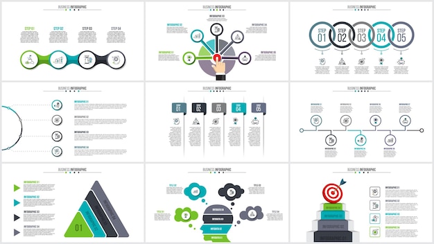 infographic set with human head pyramid stairs and abstract elements presentation with 4 5 6 and 7 options parts or steps