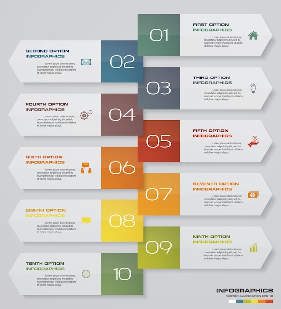 Infographics design with 10 steps arrow timeline.