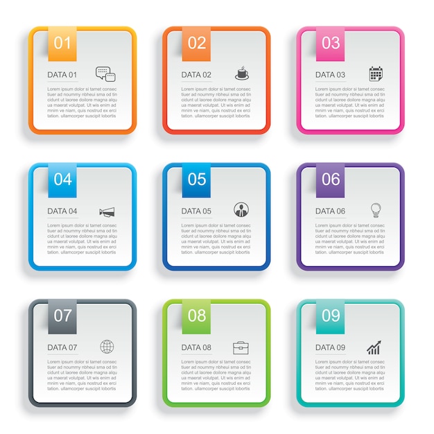 Infographics rectangle paper index with 9 data template. 