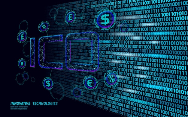 Initial coin offering ico letters technology concept business finance economy low poly design style currency crypto banking online offer internet commerce block chain vector illustration
