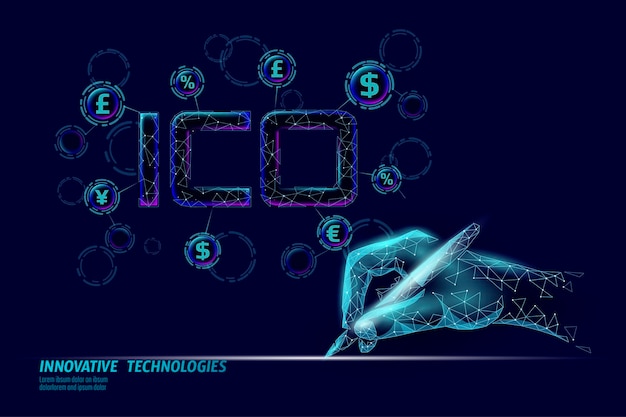Initial coin offering ico letters technology concept business finance economy low poly design style currency crypto banking online offer internet commerce block chain vector illustration