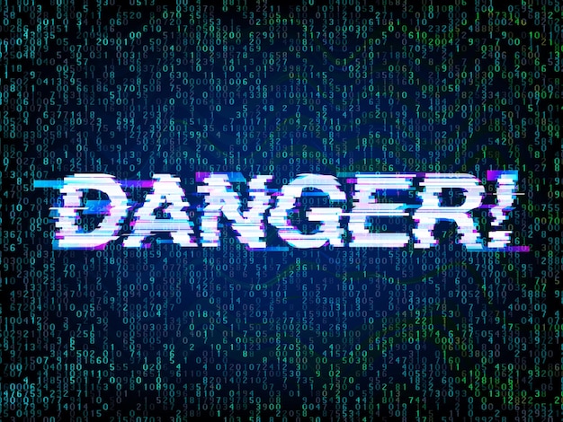 Inscription Danger in glitch style with computer code background, glitched attention. Computer hacked symbol, programming, hacker and coding error concept