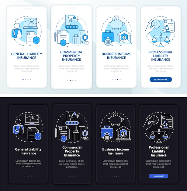 Insurance types day and night theme onboarding mobile app screen
