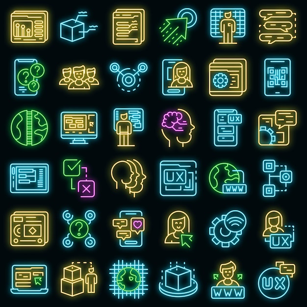 interaction icons set. outline set of interaction vector icons neon color on black