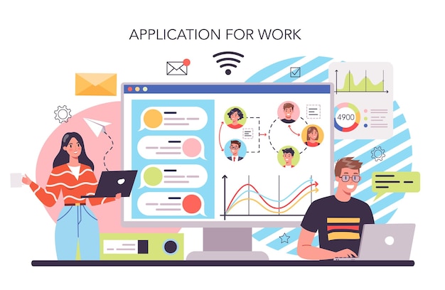 interaction of departments online service or platform business teamwork idea of partnership and departments cooperation work application flat vector illustration