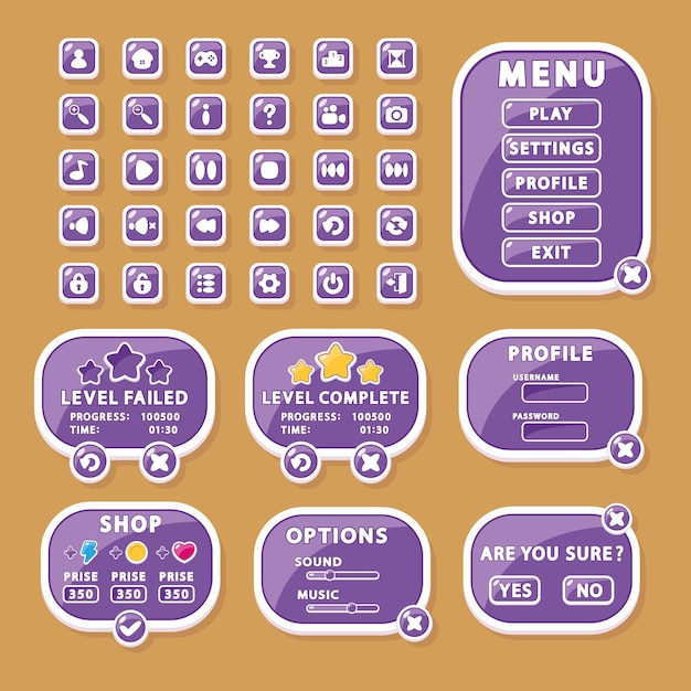 Interface elements for game and app design buttons, menu Windows, and settings (GUI, UI).