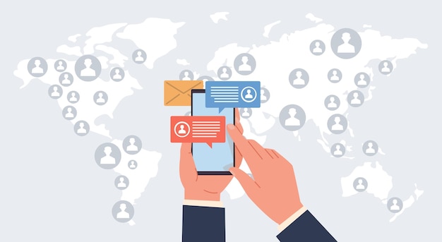 international mobile internet connection around world hand hold smartphone with chat application earth map on background worldwide online communication cartoon flat vector concept