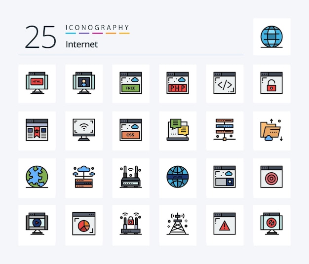 Internet 25 Line Filled icon pack including internet program webcam php technology