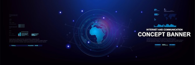 Internet and communications Concept banner with HUD elements Globe with information data exchange connections world internet technologies and communications Earth chart interface in HUD style