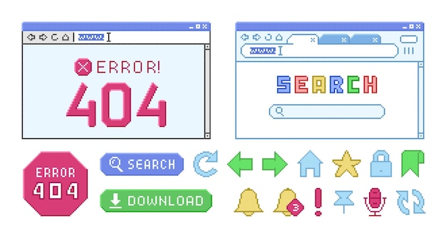 Internet browser in pixel style Set of retro pixelated icons