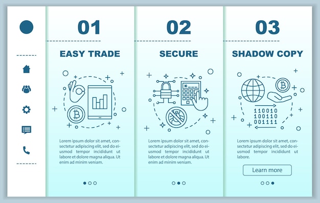 Internet business onboarding mobile web pages vector template Online trading app Easy trade shadow copy digital security Responsive smartphone website interface Webpage walkthrough step screens
