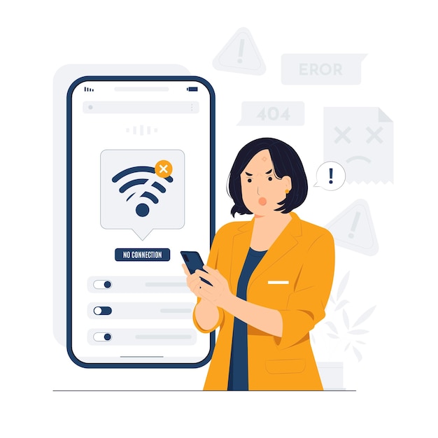 Internet disconnection with Unhappy young woman looking at the phone feeling angry about bad device work lost data Anxious male user dissatisfied with service concept illustration