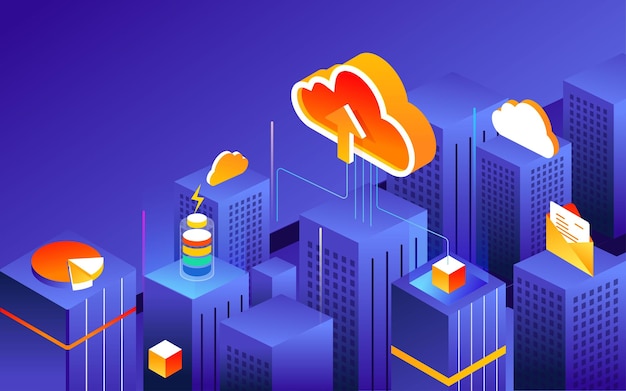 Internet network security clouds above buildings isometric vector illustration