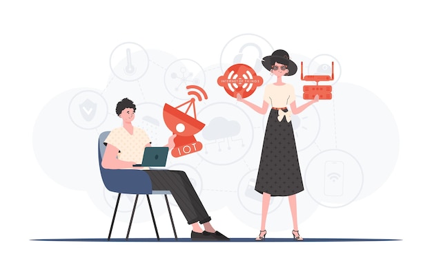 internet of things and automation concept the girl and the guy are a team in the field of iot good for websites and presentations vector illustration in flat style