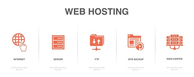 Internet-palvelin FTP-sivusto varmuuskopio datakeskus kuvakkeet Infografinen suunnittelumalli Luova konsepti 5 vaiheella