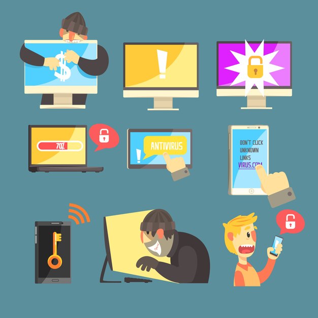Internet Security And Computer Protection Against Criminal Hackers Stealing Passwords And Money Set Of Info Illustrations