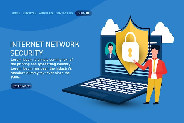 Internet Security with a young man work with laptop checking protecting data concept
