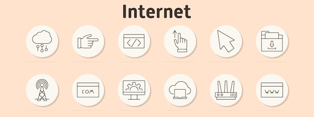Internet set icon Cloud finger pointing coding hand swiping up arrow pointer file download antenna domain name computer gear laptop cloud router web page