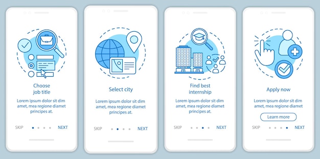 Internship program onboarding mobile app page screen vector template. Student practice. Work searching software. Walkthrough website step, linear illustration. UX, UI, GUI smartphone interface concept