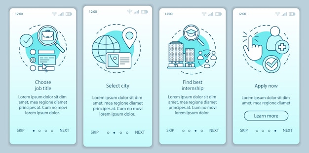 Internship program onboarding mobile app page screen vector template. Work searching software. Student practice. Walkthrough website step, linear illustration. UX, UI, GUI smartphone interface concept
