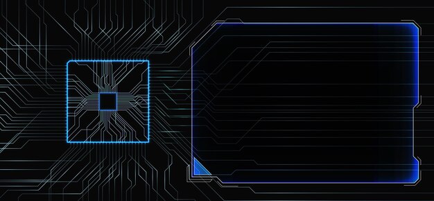 Intricate circuit patterns are illuminated in blue against a black background highlighting a central microchip and an adjacent empty rectangular area ideal for representing technological concepts
