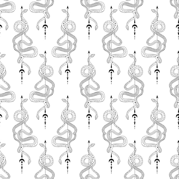 intricate seamless pattern featuring entwined snakes and mystical symbols on a white backdrop