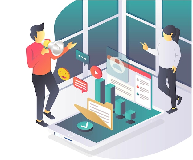 investment social media campaign in isometric illustration