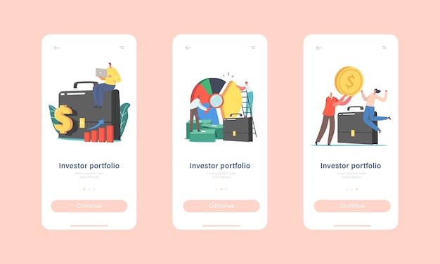 Investors Portfolio Mobile App Page Onboard Screen Template. Tiny Characters at Huge Briefcase and Pie Chart. Invest Stock Market Professional Trading Concept. Cartoon People Vector Illustration