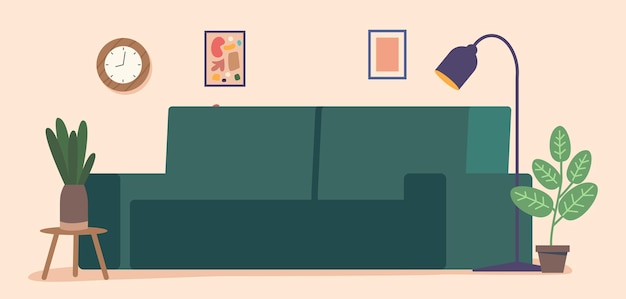 inviting room with a cozy sofa harmonious blend of colors and textures creates a comfortable and stylish ambiance cartoon vector illustration background with green couch plants and floor lamp
