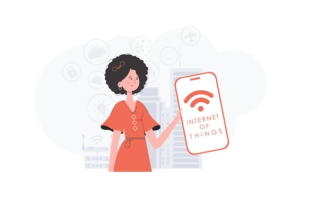 IoT concept The girl is holding a phone with the IoT logo in her hands Trendy flat style Vector illustration
