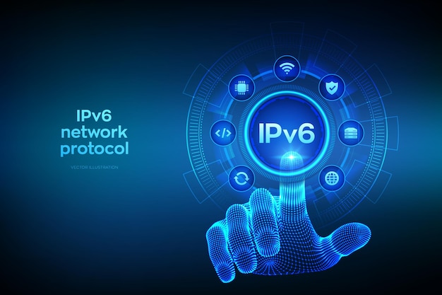 IPv6 Internet Protocol version 6 Ipv6 network protocol standard internet communication technology concept Wireframe hand touching digital interface Vector illustration
