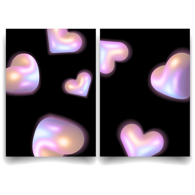 iridescent 3d hearts with pearlescent glow floating on black background setvector illustration