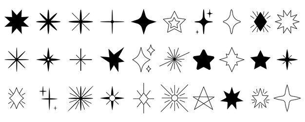 Isolated black stars icons different silhouettes Shine modern star shapes doodle starring symbols Twinkle decorative decent sky vector elements set of star shine silhouette illustration