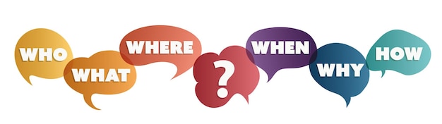 Isolated vector colorful speech bubble with question Who What Where When Why How and question mark
