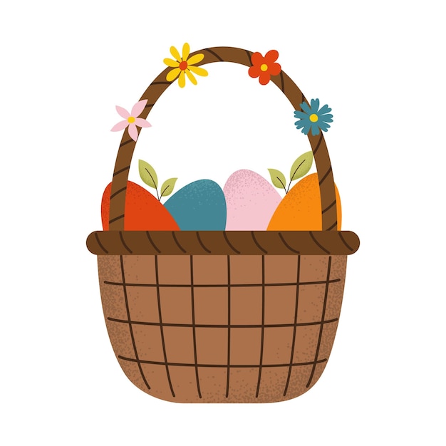 isolated wicker basket with colored eggs and flowers for happy easter design element with textures