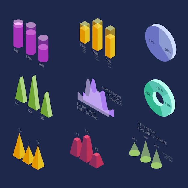 Isometric 3d business statistics data charts, percentage diagrams for modern presentation. Vector infographic elements isolated