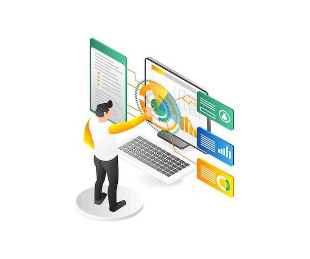 Isometric 3d flat illustration concept of man pressing digital marketing technology transformation button
