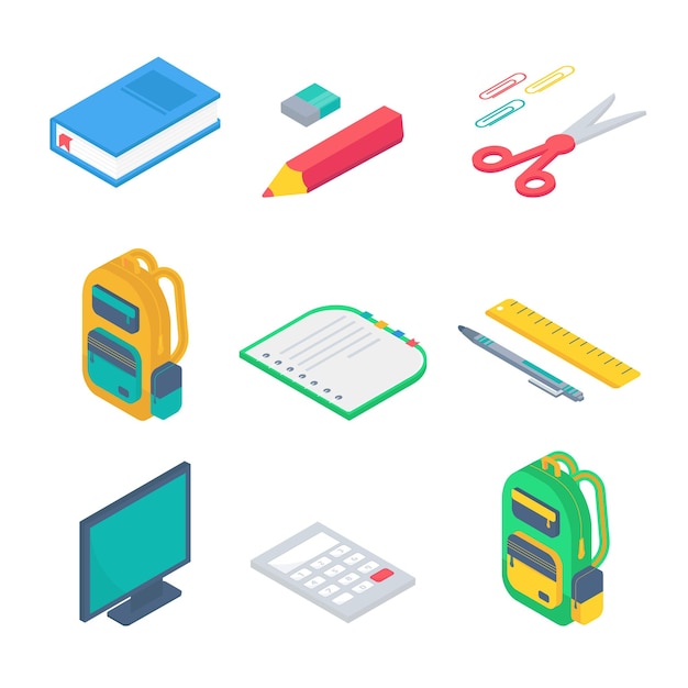 isometric 3d school supplies set with comruler, calculator, book, notebook, pen, backpack, scissors, eraser and ruler. vector back to school background with stationery. office accessories.