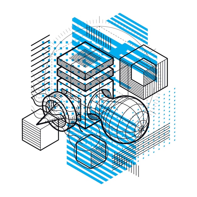 isometric abstract background with linear dimensional shapes, vector 3d mesh elements. composition of cubes, hexagons, squares, rectangles and different abstract elements.