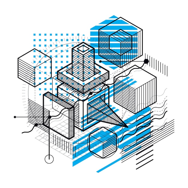 Isometric abstract background with linear dimensional shapes, vector 3d mesh elements. Composition of cubes, hexagons, squares, rectangles and different abstract elements.