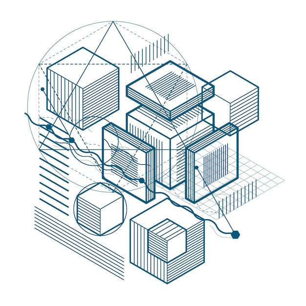 Isometric abstract background with lines and other different elements, vector abstract template. Composition of cubes, hexagons, squares, rectangles and different abstract elements.