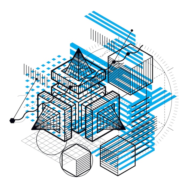 Isometric abstract background with lines and other different elements, vector abstract template. Composition of cubes, hexagons, squares, rectangles and different abstract elements.