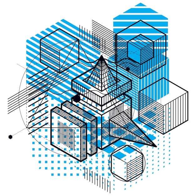Isometric abstract background with lines and other different elements, vector abstract template. Composition of cubes, hexagons, squares, rectangles and different abstract elements.
