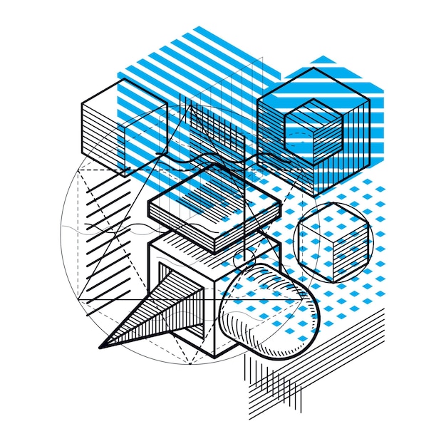 Isometric abstract background with lines and other different elements, vector abstract template. Composition of cubes, hexagons, squares, rectangles and different abstract elements.