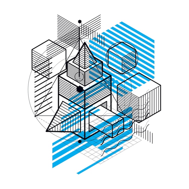 Isometric abstract background with lines and other different elements, vector abstract template. Composition of cubes, hexagons, squares, rectangles and different abstract elements.
